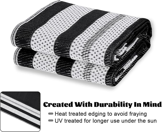 Patio Modern Border Outdoor Rug 10x14 Waterproof Large Reversible Camping Mat Foldable Lightweight Plastic Straw Outdoor Rug for Deck, Picnic, Porch, Camper, Balcony, Beach, Rv，Black/White
