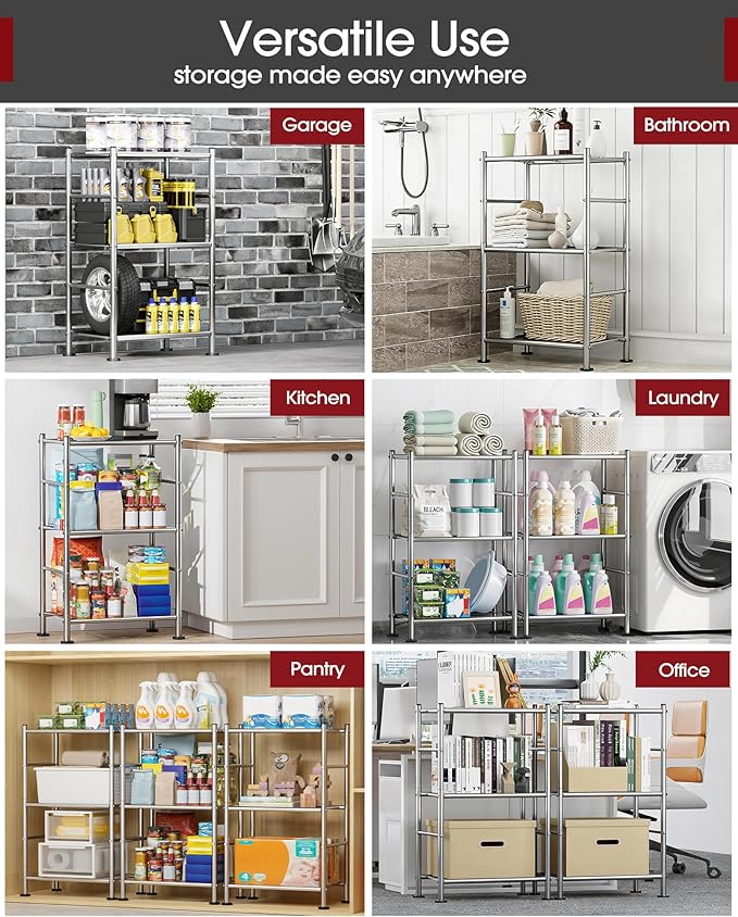 Storage Shelves - 3 Tier Shelf Organizer, Sturdy Metal Shelving with Adjustable Leveling Feet, Space-Saving Shelves Organizer for Pantry, Laundry, Kitchen (18" x 12" x 30", Silver)
