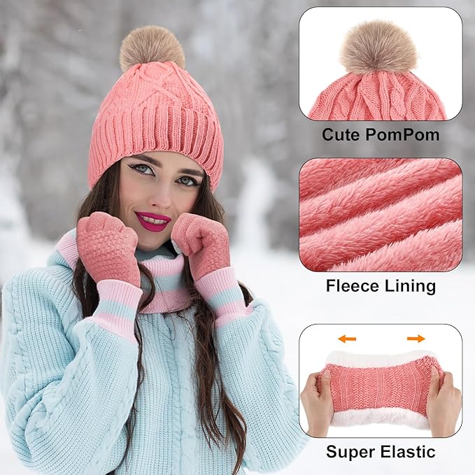 SATINIOR 5 Pcs Winter Hat Scarf Gloves Set Fleece Warm Lined Knit Beanie Hat Touch Screen Earmuff Gloves Warmer for Women(Pink,Rhombus Pattern)