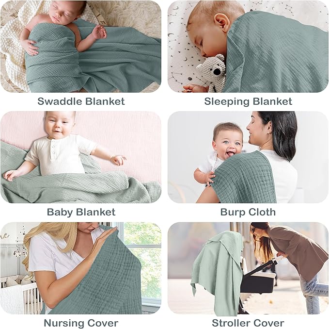 Organic Cotton Muslin Baby Blanket - 47x47 Inch Breathable Swaddle, Hypoallergenic Double-Layer, Versatile Use (Green/Mint Green, 47x47 Inch)