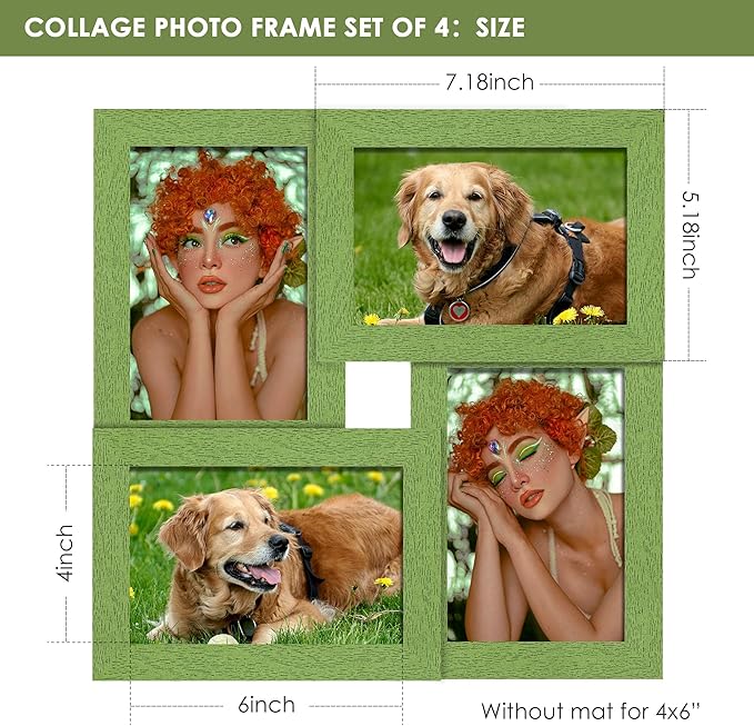 4x6 Collage Picture Frame Tempered Glass Front, Displays Four 4x6 Photo, Family Photo Collage Frame, Wall Decor Wall Hanging or Tabletop, Green