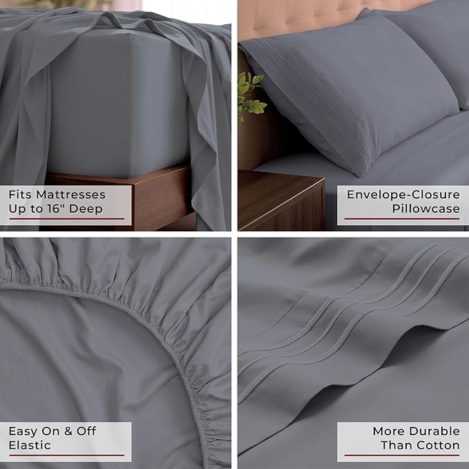 Mellanni California King Sheets Set - 4 PC Iconic Collection Bedding - Hotel Luxury, Extra Soft, Cooling Bed Sheets - Wrinkle, Fade, Stain Resistant (Cal King, Mineral Gray)