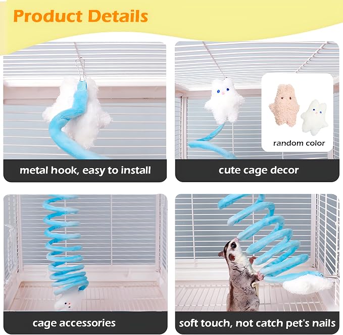 2Pcs Elastic Sugar Glider Climbing Rope Toys, Hanging Cage Accessory | Enrichment Toys Wrapped in Short Plush for Soft Touch & Spring Design Boost Climbing Fun & Build Small Pets’ Climb Strength