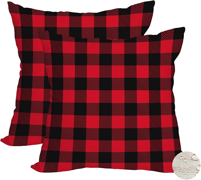 Fukeen 2 Pack Waterproof Outdoor Christmas Pillow Covers 24x24 Inch Red and Black Buffalo Plaids Checked Throw Pillow Cases New Year Winter Farmhouse Decorations Cushion Cover Double Sided