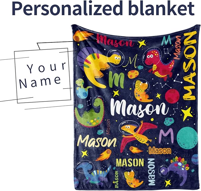 Personalized Dinosaur Blanket for Boys, Custom Name Blanket for Kids Dino Outspace, Soft Flannel Dinosaur Toddler Blanket Customized Gift for Birthday Christmas Baby Shower, Newborn Gift 30" X 40"