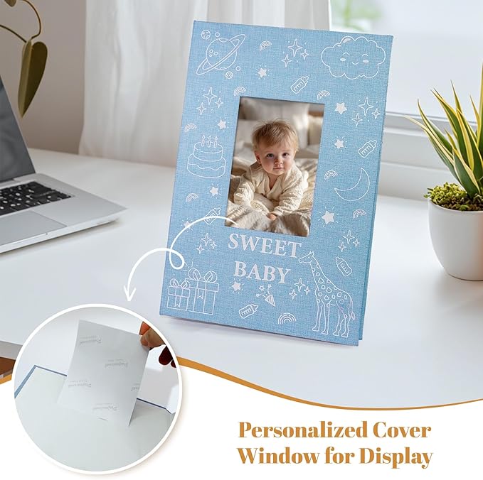 Baby Photo Album 4x6 300 Pockets with Memo Area & Hand and Footprint Kit, Linen Cover Slip-in Memory Book with Front Window, Acid-Free Keepsake for Newborn Boy Girl, First Year Moments