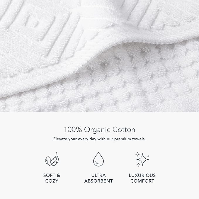 Texere 100% Organic Cotton Diamond Jacquard 700 GSM Luxury Bath Towel Sets - Ultra Soft and Absorbent Hotel and Spa Quality (Diamond, Bright White, 2 Bath Towels)