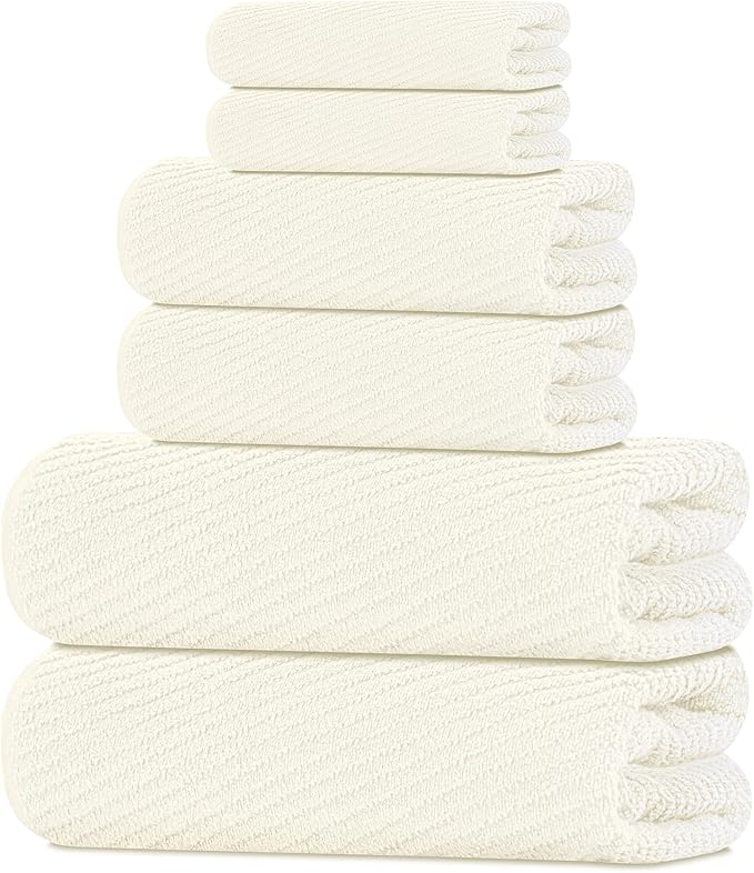Tens Towels Pack of 6 Zero Twist Towels Set, 2 Bath, 2 Hand, 2 Waschloths, 100% Cotton, Light Weight, Extra Absorbent, Exceptional Softness, Perfect for Bathroom (Ivory)