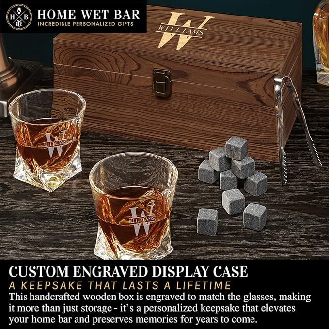 Personalized Whiskey Glasses – Custom Engraved Twist Whiskey Glass Set & Display Case with Whisky Stones by Home Wet Bar