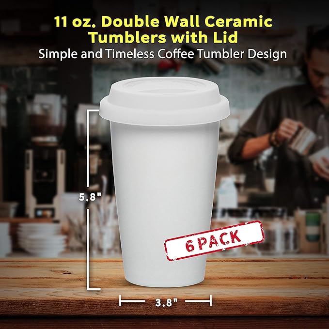 DISCOUNT PROMOS 11 oz. Double Wall Ceramic Tumblers with Lid - 6 Pack - White