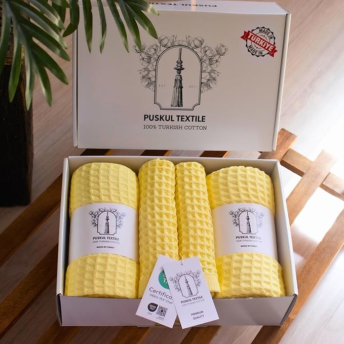 Püskül - Luxury Waffle Towel Set for Bathroom 4 Pieces Yellow, Premium Quality Organic 100% Turkish Cotton 2 Hand and 2 Bath Towels Sets, Quick Dry Thin Waffle Towels, Made in Turkiye (Light Yellow)