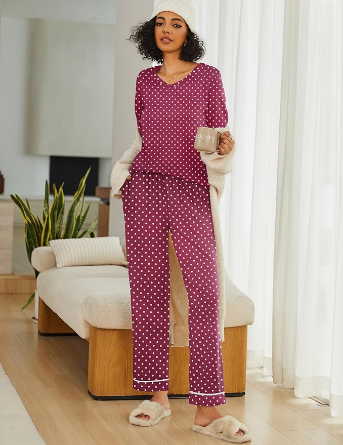 Ekouaer Womens 2 Pack Pajama Set Long Sleeve Pajamas Top and Pants V Neck Pjs Set Soft Loungewear with Pockets