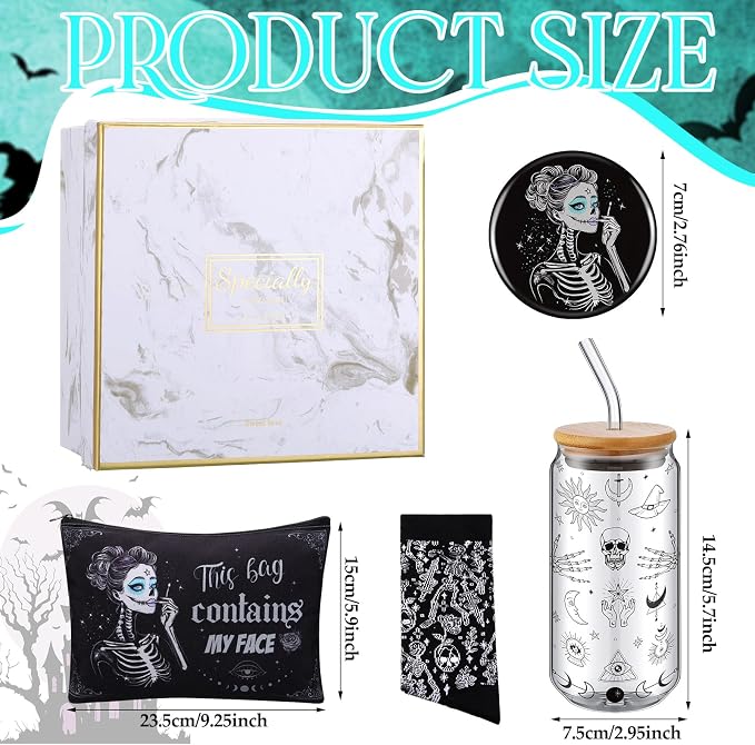 Kacctyen 5 Pcs Christmas Spooky Gifts for Women Witchy Gothic Gifts Stuff 16 oz Skeleton Glass Cups with Lids Straws Goth Makeup Bag Pocket Mirror Sock Goth Theme Box for Birthday Party Favors Friends