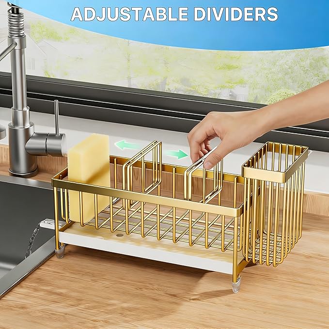 Cisily Sponge Holder for Kitchen Sink, Sink Caddy Organizer with High Brush Holder, Kitchen Countertop Organizers and Storage Essentials, Rustproof 304 Stainless Steel (Gold, 9.25″)