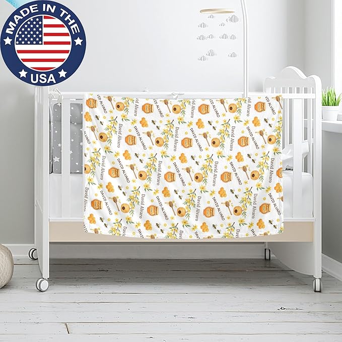 Ship Next Day, Personalized Baby Blanket for Boys Girls - Printed in USA, Custom Name Toddler Blanket with Honey Pattern, Perfect Newborn Gift