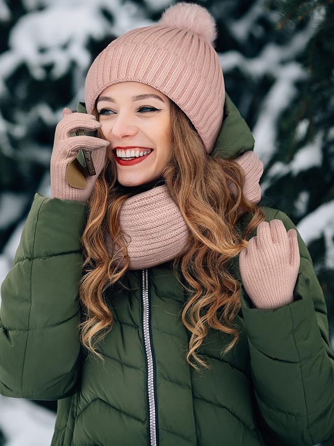 LOROME Women Winter Beanie Hat Scarf Gloves Set, Fleece Knitted Pompom Hat Warm Neck Scarf Touchscreen Gloves Winter Gift