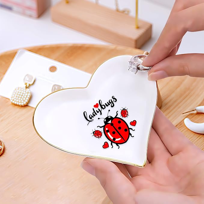 Ladybugs Ring Holder Dish Tray, Gifts For Women Teens Girls, Ladybugs Lovers Themed Stuff Accessories Things Decor Merch, Home Room Ring Earrings Necklace Organizer Holder!