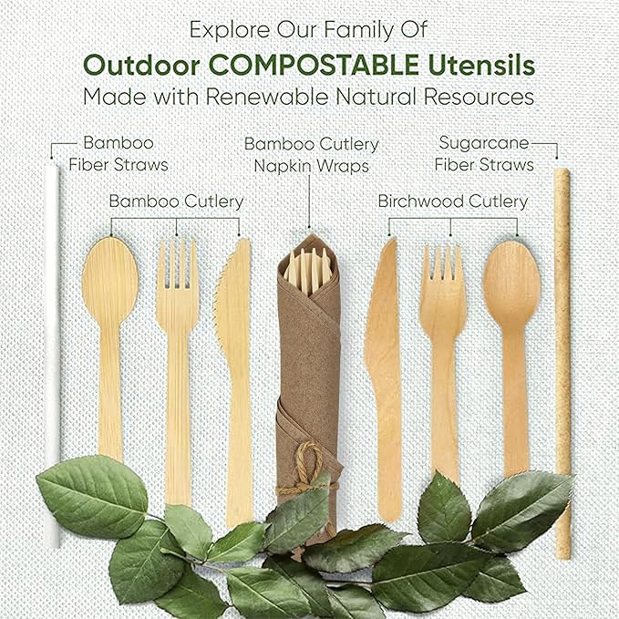 Premium Pre Rolled Napkin and Bamboo Cutlery Set with Brown Napkins (30 Pack, 120 PCS) 100% Biodegradable, Eco-Friendly, Disposable Wrapped Cutlery - Pre-Wrapped Bamboo Forks, Knives, Spoons