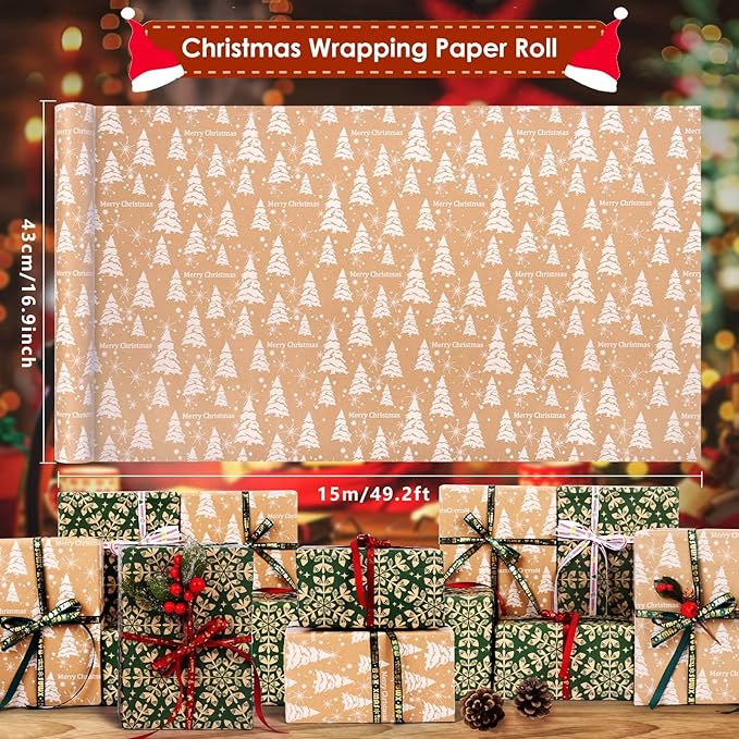 AhfuLife 2 Rolls Christmas Wrapping Paper, 43cm x 15M Xmas Wrapping Paper Rolls Recyclable Kraft Paper for Xmas Boxes Wrap Gift Birthday Festival Party Decorations (W: Christmas Tree/Snowflake)