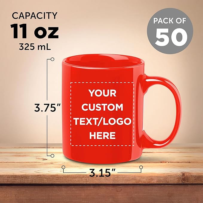 Custom Ceramic Coffee Mugs 11 oz. Set of 50, Personalized Bulk Pack - Coffee cup set, Iced coffee cup, Gaming mug - Red