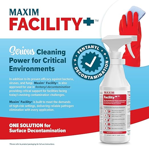 Midlab Maxim Facility+ One Step Disinfectant Cleaner and Deodorant, 1 Quart (32oz), Pack of 6, Includes 1 Trigger Sprayer, Contains Hydrogen Peroxide, Use for Fentanyl Decontamination at Full Strength