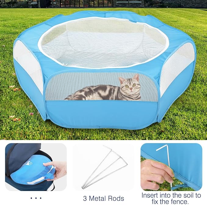 Pawaboo Small Animal Playpen with Zippered Cover,Light Blue | Portable pop-up pet tent for supervised rabbits, guinea pigs, chicks and kittens; water-resistant bottom and 3 metal rods
