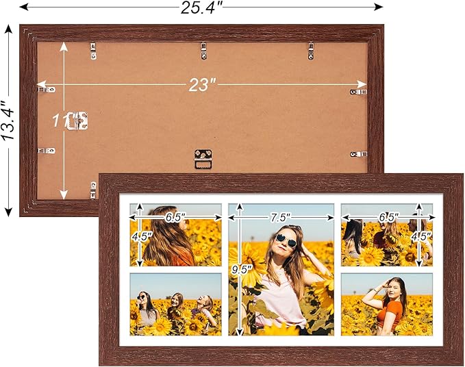 11x23 Picture Frame Display 5 opening 5x7 and 8x10 Picture Frame Collage,Multi Photo Frame with Mat,Plexiglass,Horizontal and Vertical Formats for Wall Decor,Walnut Wood Grain