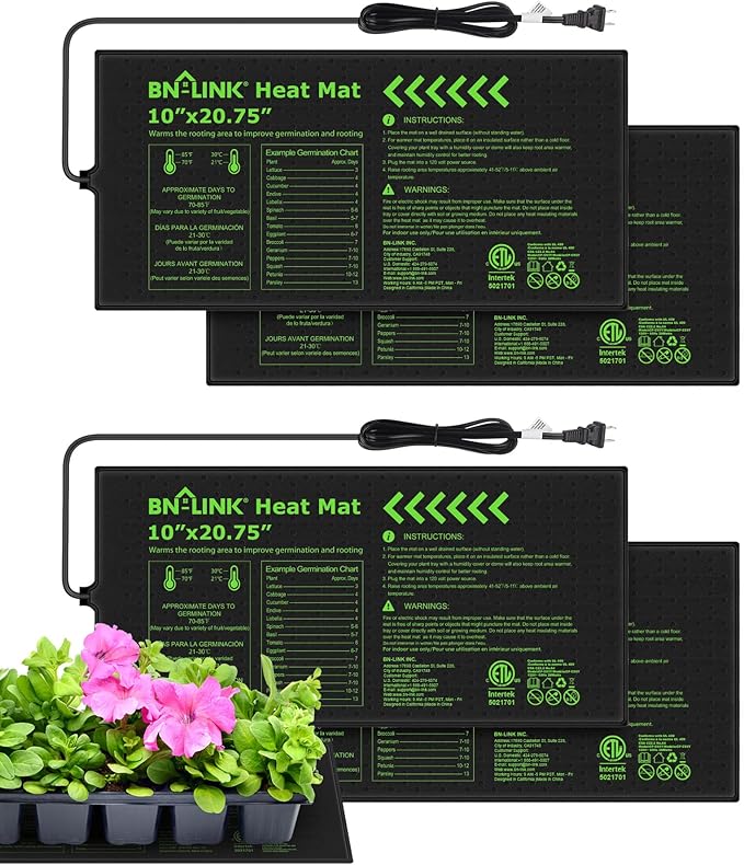 BN-LINK Durable Seedling Heat Mats for Seed Starting 10" x 20.75", 4 Pack Waterproof Warming Mat for Plants Germination, Plant Heating Pad for Indoor Growing, Hydroponic, Greenhouse, ETL Listed