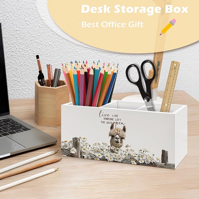 Rustic Alpaca Pen Holder Organizer, Farmhouse Alpaca Gifts for Women Desk Decor, Live Like Someone Left the Gate Open Wooden Pen Pencil Holders for Vintage Desk Accessories