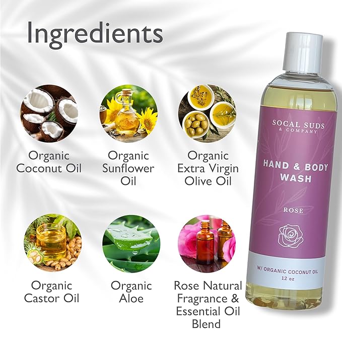 SoCal Suds & Company - 12oz Organic Soap Liquid, Gentle Hand & Body Wash, Organic Body Wash for Men and Women, Made w/Organic Oils & Coconut Oil, Bath Essentials for All Skin Types - 2pk Rose