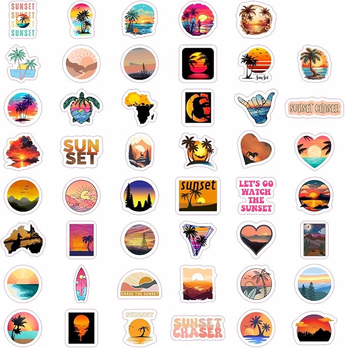 100Pcs Sunset Stickers - Beach Stickers, Sun Decals, Summer Decals for Water Bottle and Laptop, Palm Trees Party Supplies & Decorations, Beachy Stuff, Gifts for Women & Men