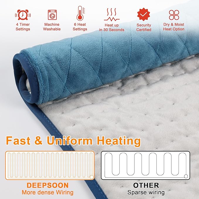 Deepsoon Heating Pad,Electric Heating Pads for Back,Neck,Abdomen,Moist Heating Pad for Shoulder,Knee,Arms,Legs,Dry/Moist Heat & Auto Shut Off,Christmas Gifts for Men and Women,Weighted Blue,24x12 Inch