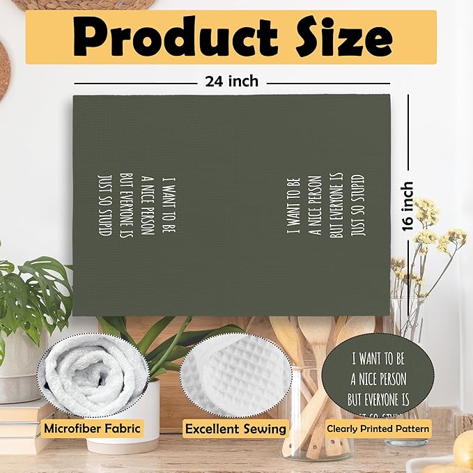 Funny Humorous Green Kitchen Towels Adult Humor, Sarcastic Gifts for Women Hand Towels for Bathroom, I Want to Be a Nice Person Decorative Tea Towels Dish Towels 16x24 Inch