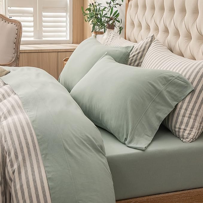 PURE ERA Jersey Knit 4pc Bed Sheet Set 100% T-Shirt Cotton Super Soft Comfy Breathable Fits Mattress Up to 20" Extra Deep Pocket (Solid Sage Green, King)