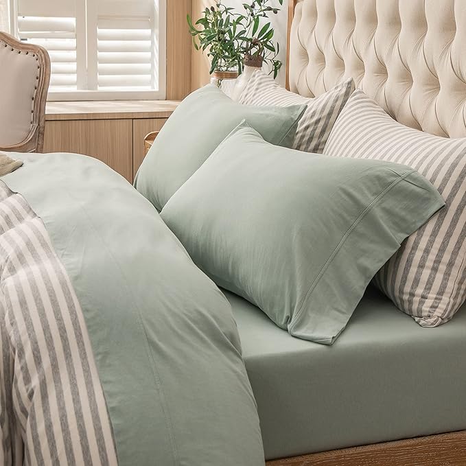 PURE ERA Jersey Knit 4pc Bed Sheet Set 100% T-Shirt Cotton Super Soft Comfy Breathable Fits Mattress Up to 20" Extra Deep Pocket (Solid Sage Green, Full)