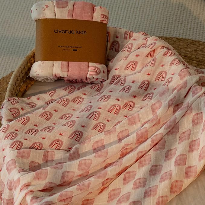 Muslin Swaddle Blankets for Newborn, 4 Pack Organic Cotton Baby Blanket, Large 31.5 x 43.3 Breathable Soft Receiving Blankets Girl, Essentials Swaddle Wrap Burping Clothes, Pink Rainbow