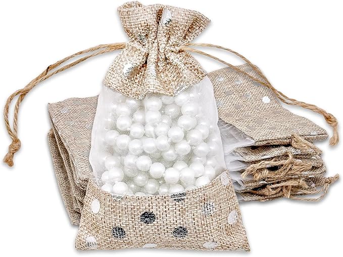 12-Pack Small Linen Burlap & Organza Gift Bags w. Drawstrings (3.5x5.5 in, Beige/Silver Polka) - Party Favors, Presents, Samples & Treats Mesh Pouch by The Display Guys