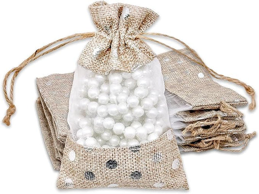 12-Pack Small Linen Burlap & Organza Gift Bags w. Drawstrings (3.5x5.5 in, Beige/Silver Polka) - Party Favors, Presents, Samples & Treats Mesh Pouch by The Display Guys