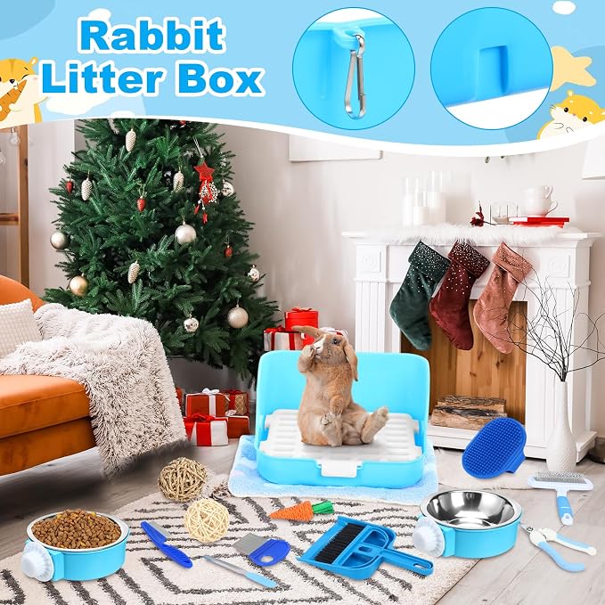 Reallnaive 15 Pcs Rabbit Starter Kit Small Rabbit Litter Box Girls Gift Animal Grooming Kit Bunny Toys Bowl Blankets with Cleaning Set for Guinea Pig Accessories(Light Blue)