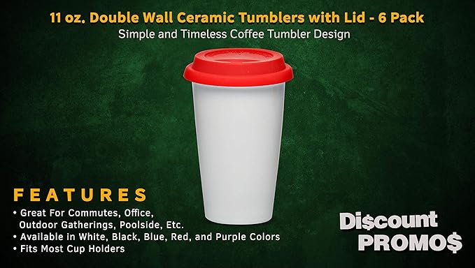 DISCOUNT PROMOS 11 oz. Double Wall Ceramic Tumblers with Lid - 6 Pack - Red