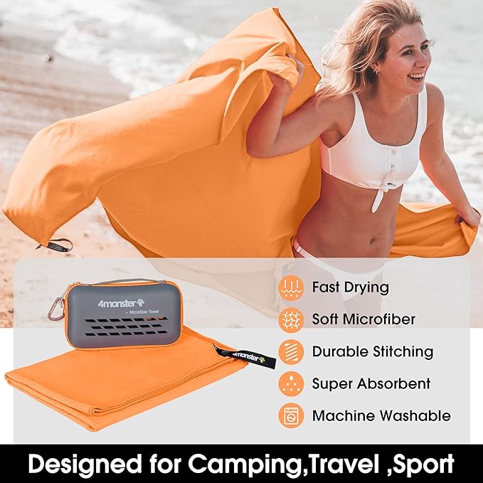 4Monster Quick Dry Travel Towel with Case & Carabiner – Super Absorbent Microfiber Gym & Camping Towel. Compact, Lightweight, Fast Drying for Beach, Swimming, Hiking, Backpacking