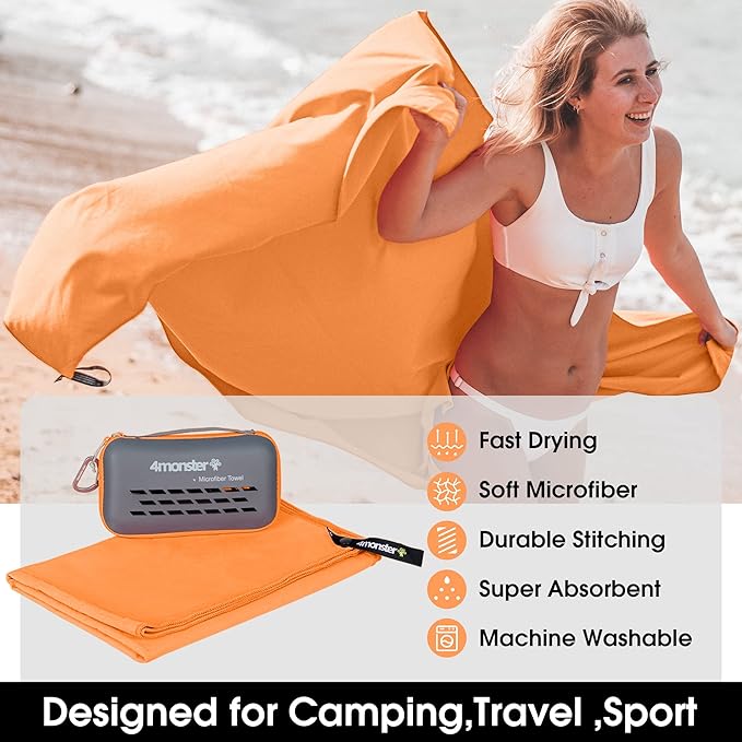 4Monster Quick Dry Travel Towel with Case & Carabiner – Super Absorbent Microfiber Gym & Camping Towel. Compact, Lightweight, Fast Drying for Beach, Swimming, Hiking, Backpacking