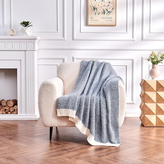 CozeCube Super Soft Fullfy Microfiber Reversible Knitted Blankets, Warm Cozy Fuzzy Plush Throw, Dusty Blue and White Melange Throw Blanket for Couch Bed Sofa, 50" x 60"