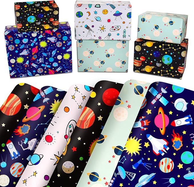 Space Wrapping Paper Birthday Wrapping Paper for Boys Girls,Gift Wrapping Paper Kids with Blue White Navy Birthday Paper for Present Wrapping Paper Sheets with Galaxy Spaceship Birthday Gift Wrap Set (6 Sheets 28"Lx20"W per Sheet)