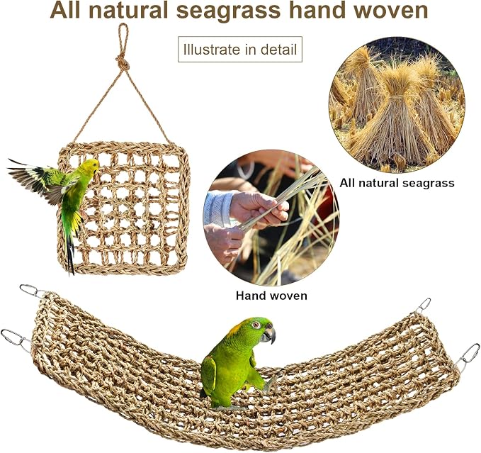 2 Pack Natural Sea Grass Parrot Mat, Bird Hammock Woven Climbing Net | DIY Bird Foraging Wall Hanging Play Pad, Bird Cage Accessories for Lovebirds, Cockatoos, Budgies, Conures & Pigeons