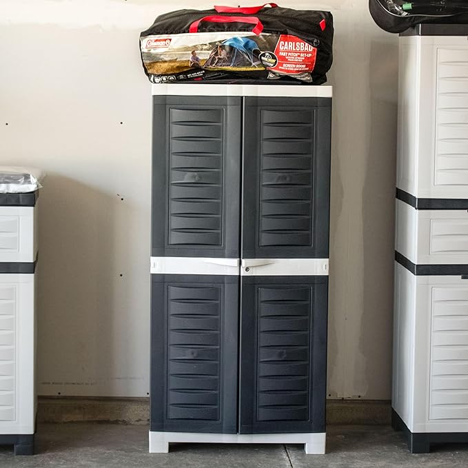 Sunnydaze 48" H Resin Garage Storage Cabinet - Garage Cabinet with Lockable Doors and 3 Adjustable Shelves - Freestanding Utility Storage for Laundry Room, Office, Basement - Charcoal