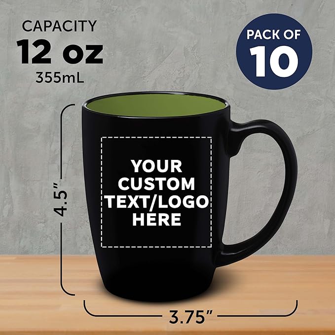 DISCOUNT PROMOS 10 Java Two Tone Coffee Mugs Set, 12 oz. - Customizable Text, Logo - Stoneware, Durable, Easy Grip - BLACKLIME