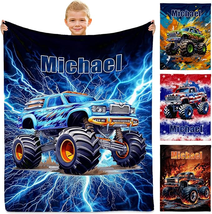 Custom Truck Baby Boy Blanket - Personalized Throw Blanket Gift for Boys Kids Teens Adults Birthday Christmas (Truck Design)