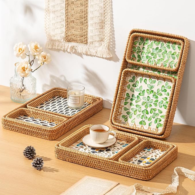 Set of 3 Rectangle Rattan Trays for Decor, Wicker Serving Tray Boho, Hand-Woven from Natural Rattan with Mother of Pearl Inlay, Vintage Woven Decorative Table Trays for Kitchen Counter, Dining Table