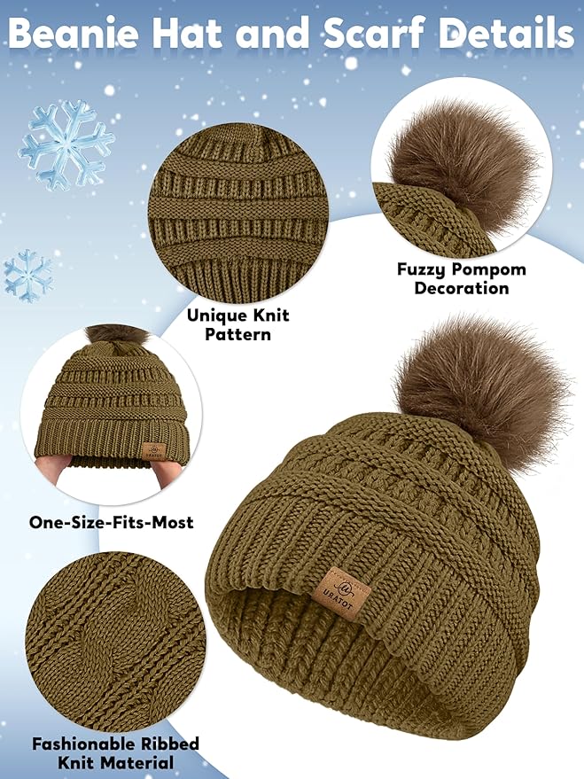 URATOT 4-In-1 Winter Warm Sets Knitted Scarf Touch Screen Gloves Beanie Pompom Hat and Winter Ear Warmer for Men or Women